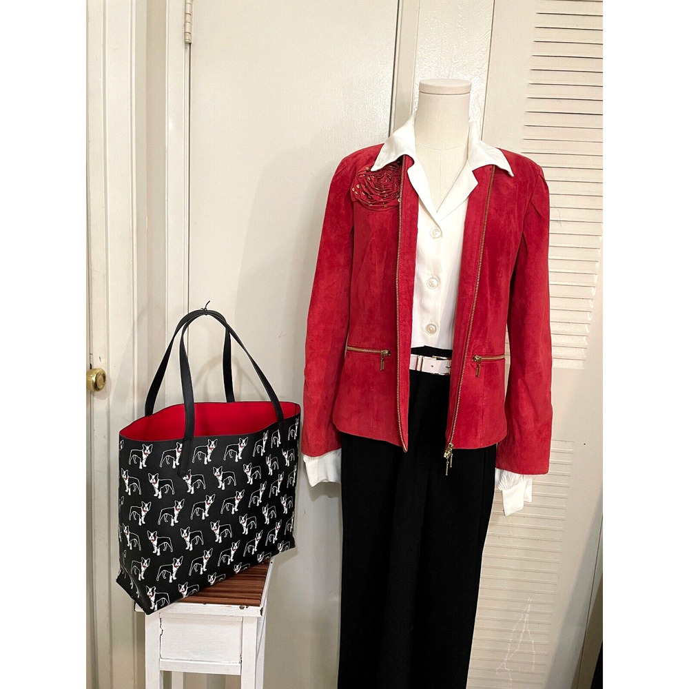 Pre-owned Berek Red Suede Gold Studded Ruffle Rosette Zip Jacket Size S
